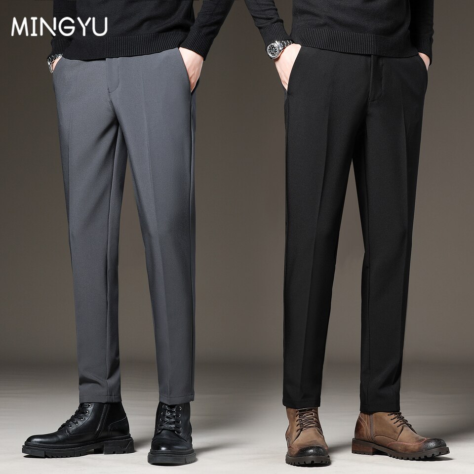 New Spring Autumn Men Suit Pants Slim Business Office Elastic Waist Black Grey Classic Korean Trousers Male Plus Size 27-38 40 42