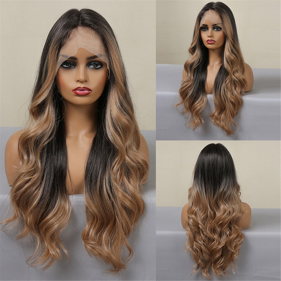 New Long Brown Lace Front Synthetic Natural Hair Wigs Blonde Highlight Lace Frontal Wig for Women Cosplay Wigs High Density