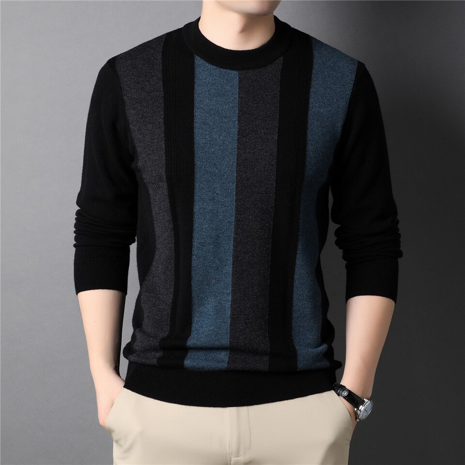 New Fashion Big Striped Pullover Autumn Winter Soft Warm Merino Wool Sweater Men Clothing Knitted Cashmere Tops Z3031