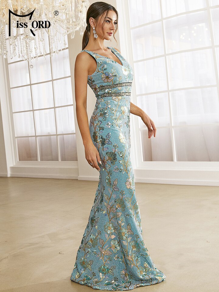 New Floral Print Contrast Sequins Double V Dress Women Dress Evening Party Maxi Elegant Vestidos Bodycon Gown