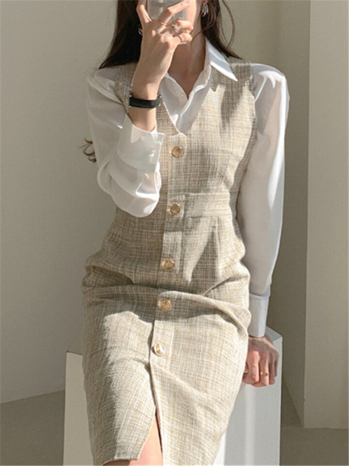 New Sleeveless High Waist Checkered Fashionable Office Lady Wild Spring Autumn Women Dresses Long Dress DR1323K