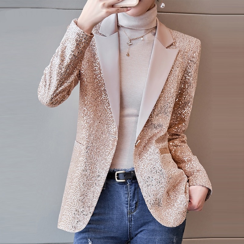 New Women Sequin Blazer Suits Fashion Elegant Single Button Jacket Basic Coat Club Fall Clothes