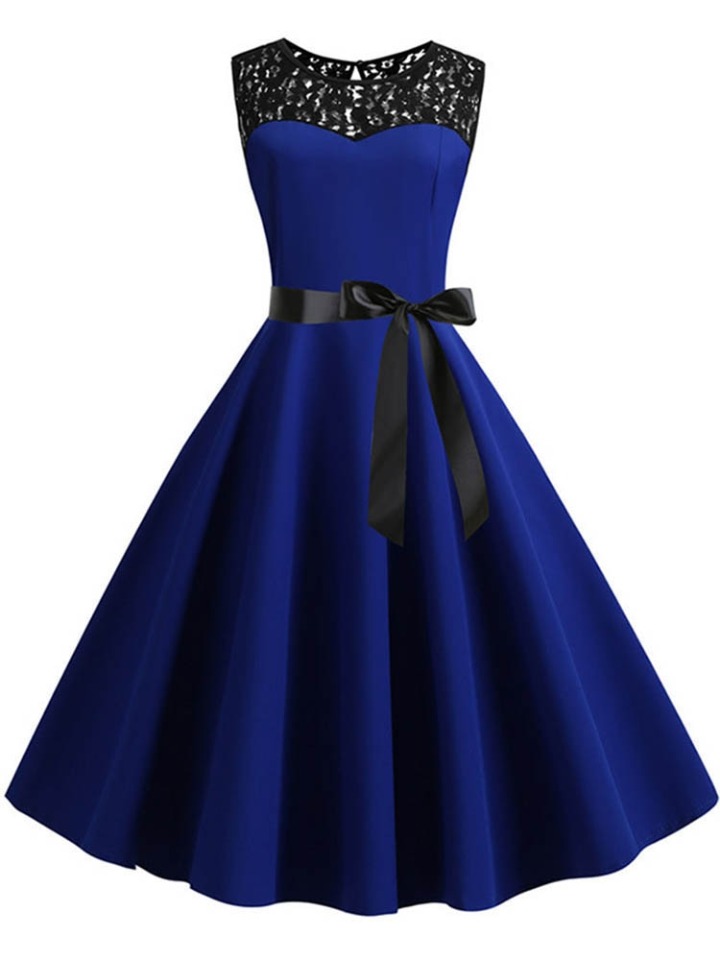New Blue Lace Patchwork Summer Dress Women Elegant Vintage Party Dress Casual Office Ladies Work Dress