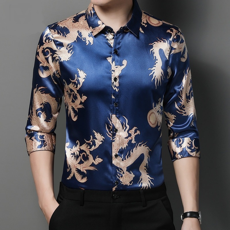 New Fashion Luxury Men Shirts Chinese Dragon Print Silk Casual Shirt Slim Fit Spring Full Sleeve Camisa Masculina C815