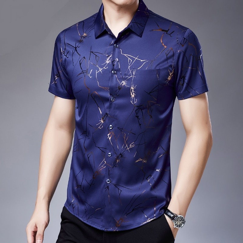 New Summer Short Sleeve Dress Shirts Men Silk Cotton Fashion Print Casual Shirts Slim Fit Chemise Homme Men Clothing C779