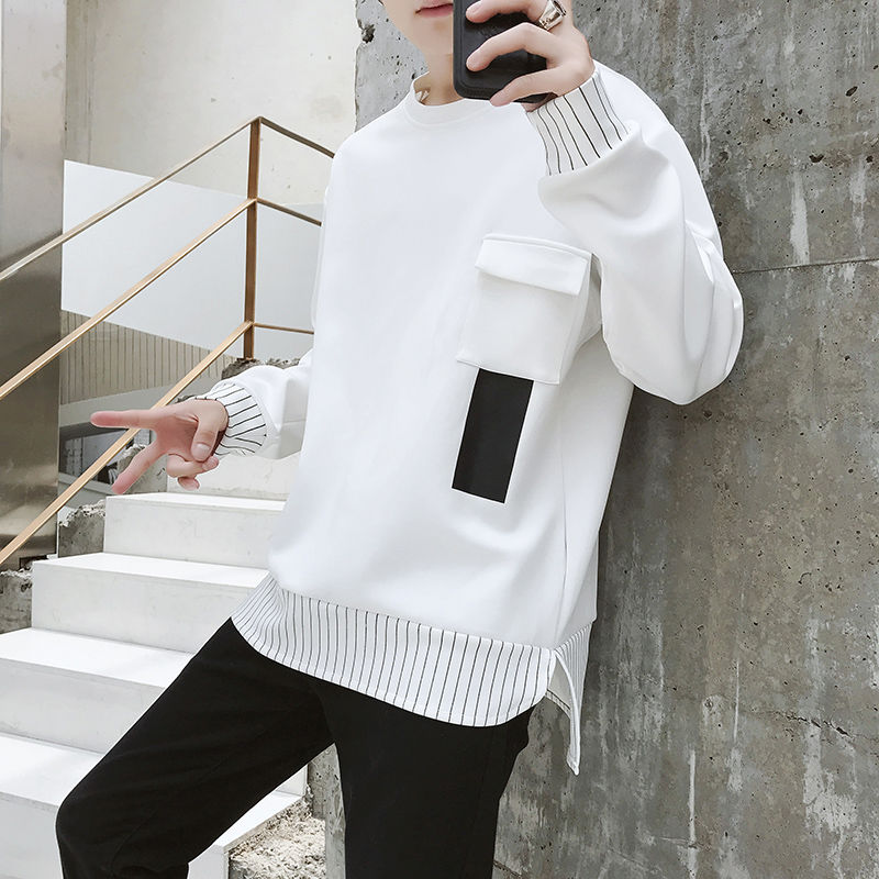 New Spring And Autumn Korean Style  Long Sleeved Men Hoodie Loose  Front Short Back Long Round Collar Top