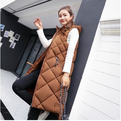 New Women Sleeveless Vest Long Down cotton Jacket Solid Korea Hooded Padded Vests Loose Females Casual Winter Coat