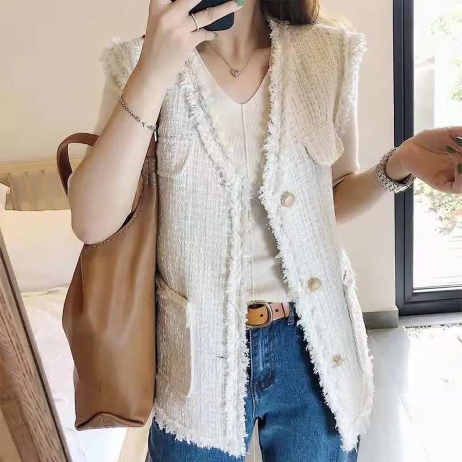 New Vintage Tweed Vest Pocket Women Jacket Gilet Blanc Sleeveless Vests Korean Style Button Waistcoat Chalecos Elegantes Para Mujer