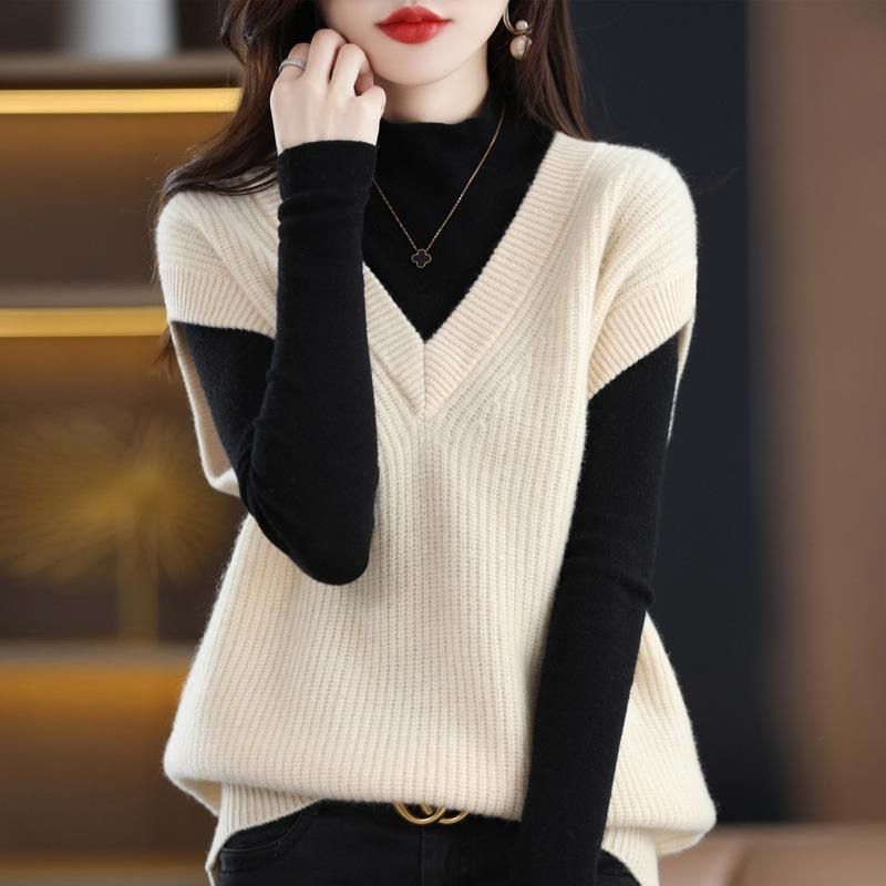 New Stylish Solid Colour V Neck Knitted Vest Sweater Women Clothing Autumn New Loose Casual Pullover Korean Tops