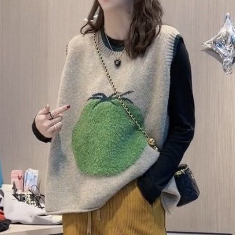 New Knit Vests Woman Winter Aesthetic Sleeveless Sweater Vest Long Gillet Cute Gilets for Women Kawaii Waistcoat with Headings