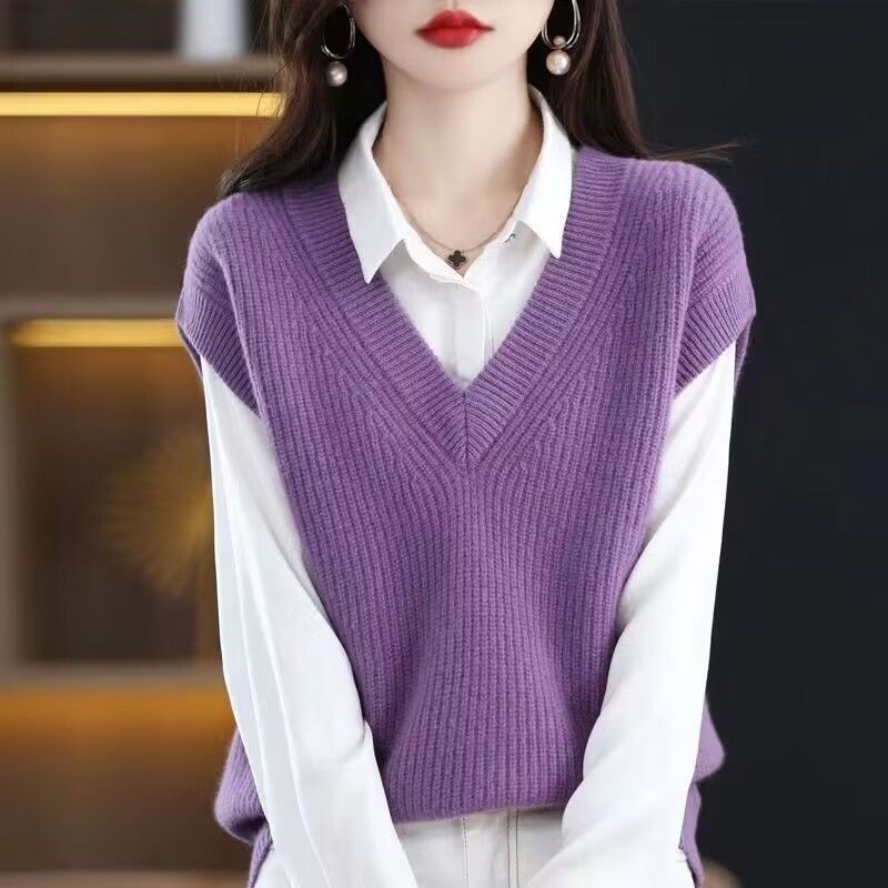 New Stylish Solid Colour V Neck Knitted Vest Sweater Women Clothing Autumn New Loose Casual Pullover Korean Tops