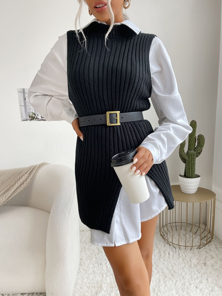 New Women Sleeveless Vest Round Neck Solid Colour Long Knit Sweater Vest Ladies Loose Pullover Fashion Office Wear Casual