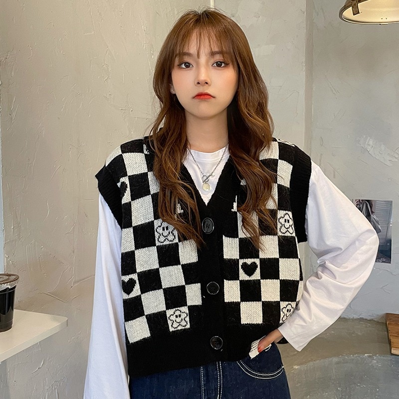 New Checker Board Plaid Sweater Vest For Women Vintage Print Knitted Mini Vest Casual Streetwear Harajuku Clothing Autumn Top