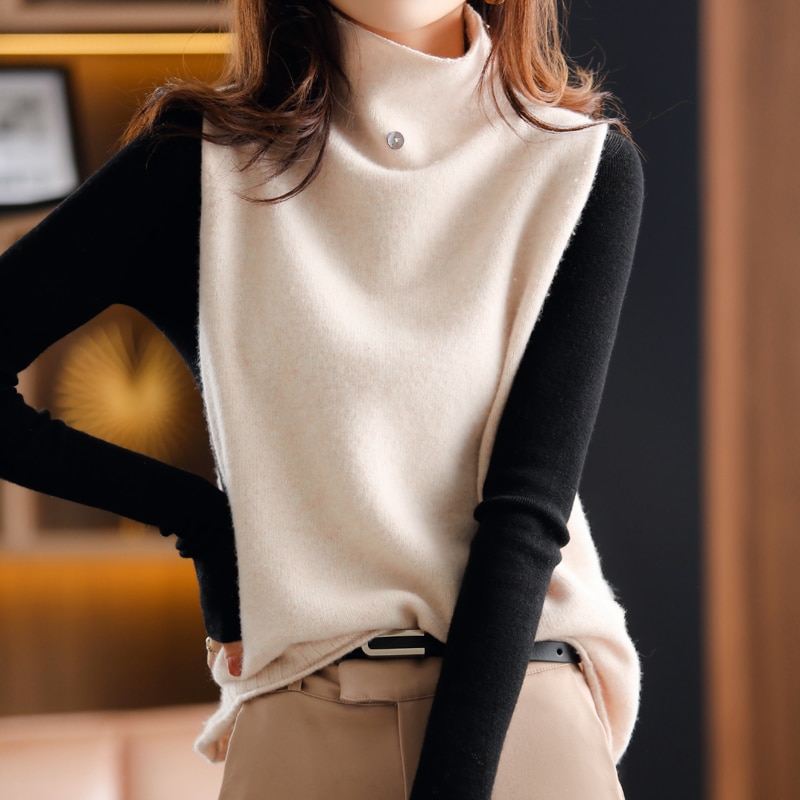 New Cashmere Vest Women High Neck Wool Vest Autumn And Winter Knitted Loose Sleeveless Women Pullover Sweater