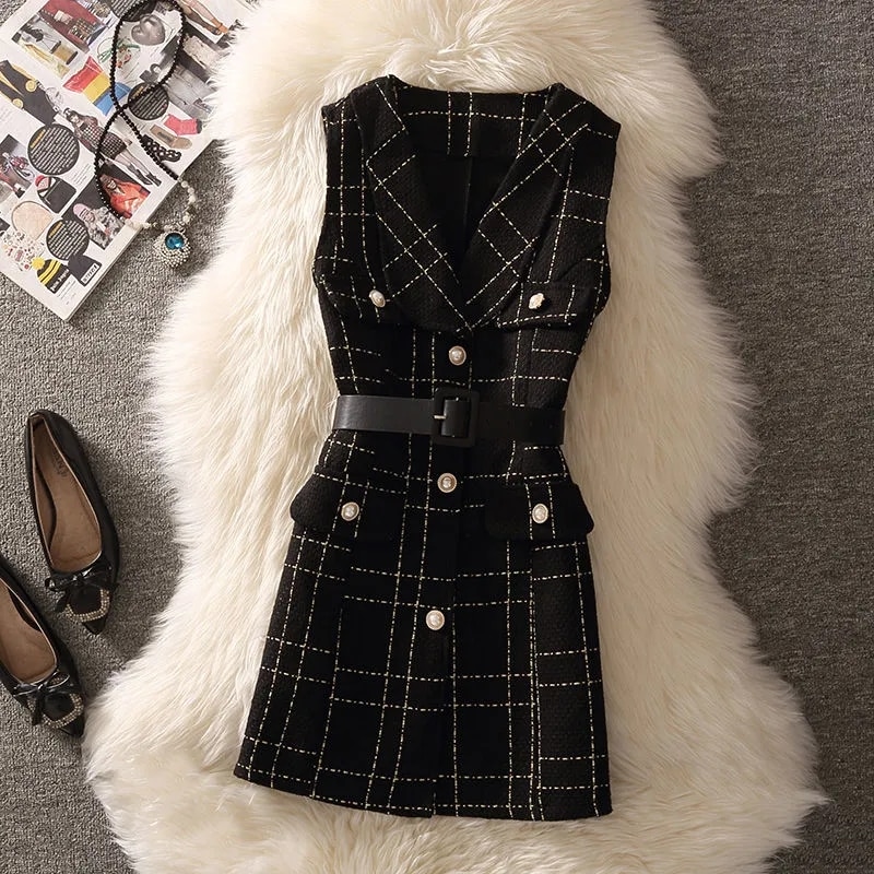 New Vintage Mid Length Plaid Tweed Vest Jacket Women 2 Piece Set Elegant Pearl Button Belted Unlined Waistcoat And Knitted Sweater