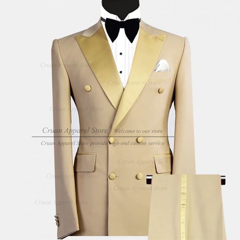 New Fashion Champagne Suits for Men Slim Fit Double Breasted Groom Male Prom Wedding Suit Tuxedo Set Mens Blazer With Pants 2 Pieces