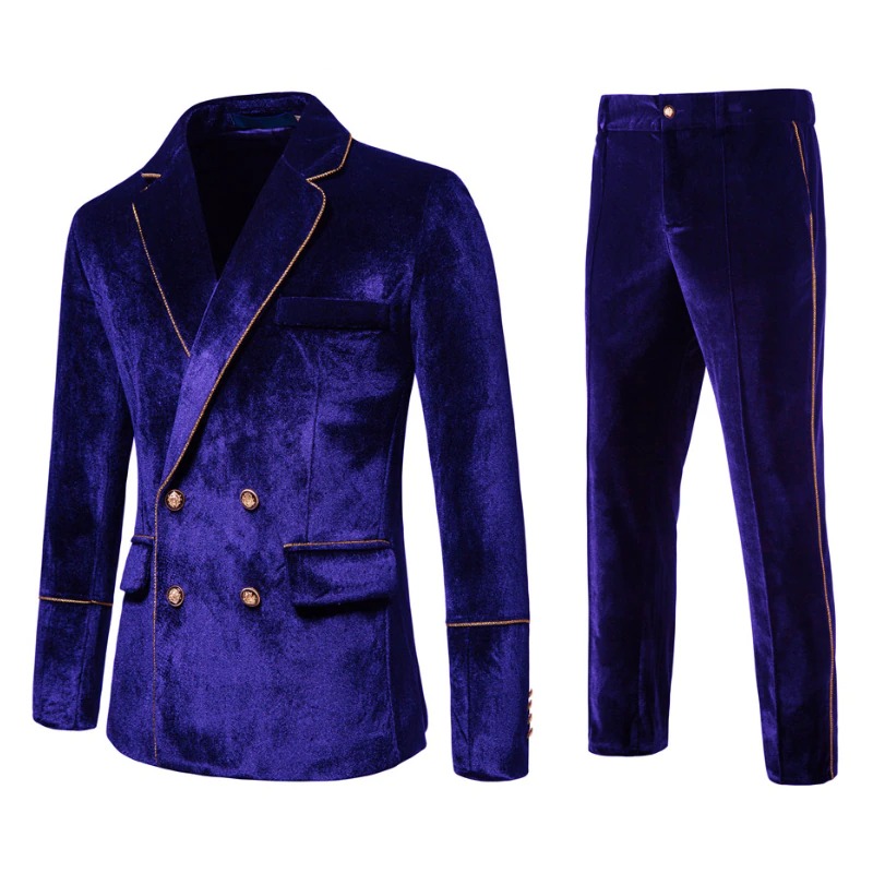 New Luxury Velvet Inlaid With Gold Edge Men Suits Double Breasted Men Sets Evening Dress Jacket and Pants Wedding Men Clothing