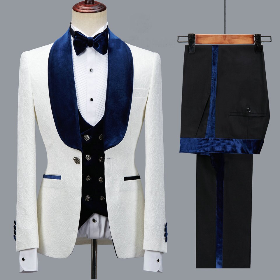 New Floral Jacket Men Suit Slim Fit Wedding Tuxedo Navy Blue Velvet Lapel Groom Party Suits Costume Homme Best Man Blazer