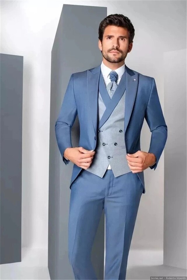 New Wedding Prom Blazer Vest Pants 3 Piece Peak Lapel Costume Homme Grooms Wedding Tuxedos Terno Masculino Slim Fit Men Suit