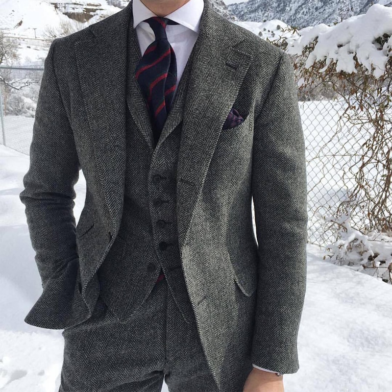 New Gray Wool Tweed Winter Men Suit For Wedding Formal Groom Tuxedo Herringbone Male Fashion 3 Piece (Jacket +Vest +Pants+Tie)