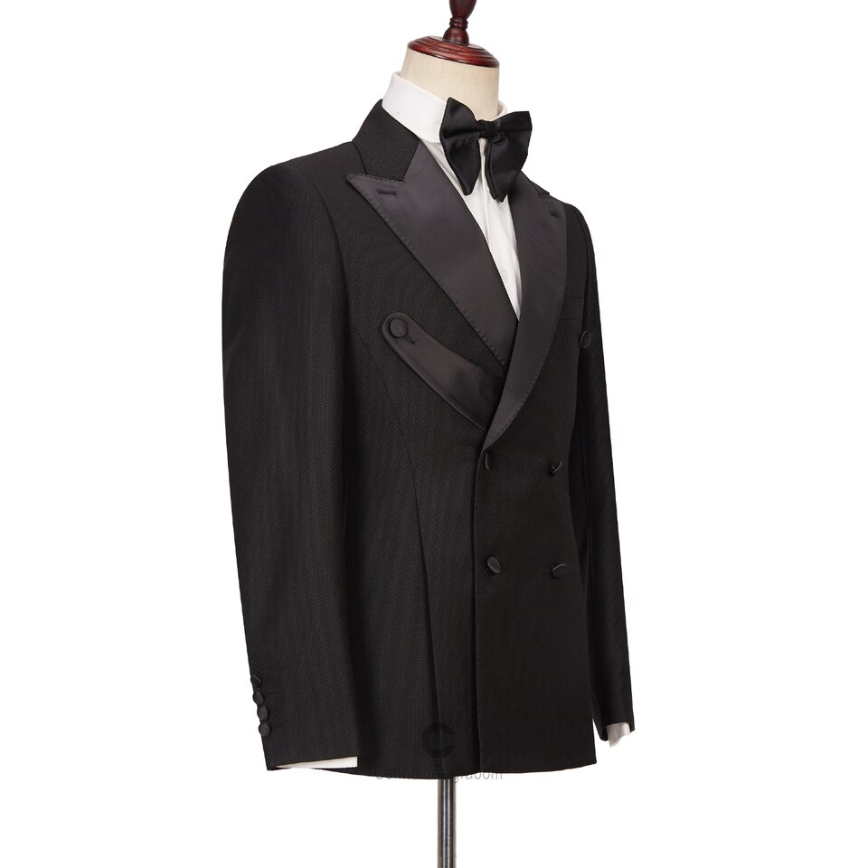 New Men Suits Tailor Made Tuxedo Double Breasted Black Satin Collar Blazer Pant Evening Party Prom Groom