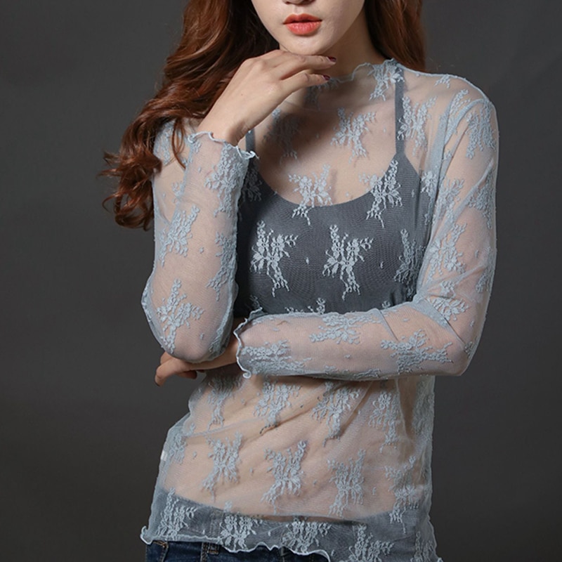 New Fashion Women Mesh Sheer T-Shirts Party Long Sleeve Blouses All-matched Popular T-Shirt Sexy Transparent Ladies Tops