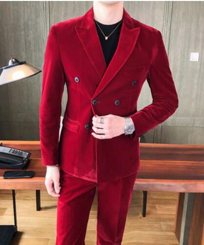 New Elegant Wine Red Suits Mens Velvet Luxury Suits For Mens Groom Wedding Velour Suits Gentlemen Dress 2 pcs Flannel Green Burgundy