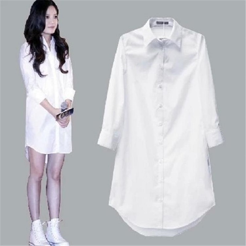 New 4XL 5XL Women Blouse Shirt Long Sleeve White Solid Loose Long Version Casual Tops
