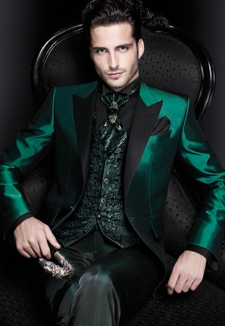 New Men Latest Design Italian Green Men Suits Satin Slim Fit Formal Groom Prom Dress Tuxedo Male Coat 3 Piece Blazer Jacket+Pant+Vest