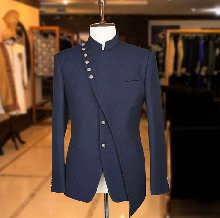 New Men Mandarin Lapel Groom Tuxedos Mens Wedding Dress Man Jacket Blazer Prom Dinner suits Tailcoat  2 Pieces Suit