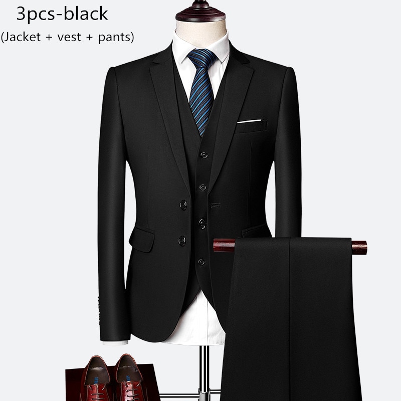 New Luxury Men Wedding Suit Fashion Men Slim Solid Color Business Office Suit Sets Large Size Men Blazer+ pants + vest