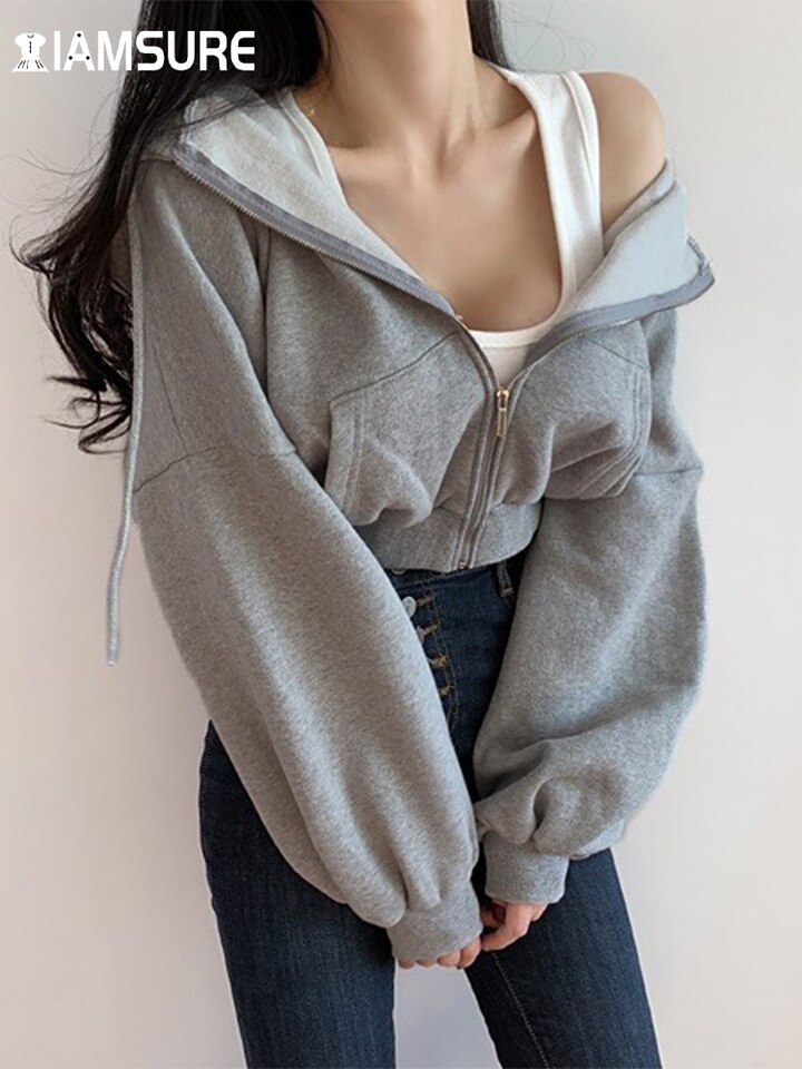 New Short Hoodies Women Solid Sweatshirt Tracksuit Long Sleeve Female  Crop Top Fashion Korean Clothing Harajuku