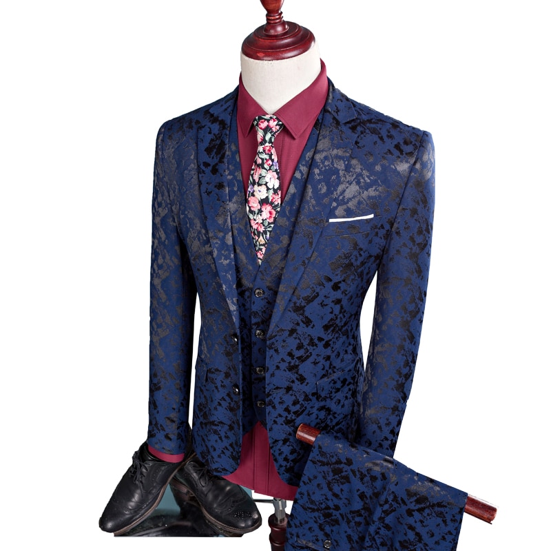 New Men Suit  Business Leisure Single Breasted Suits 3 Pieces Sets Male Printing Groom Wedding Dress Jacket Blazers Coat Vest Pants