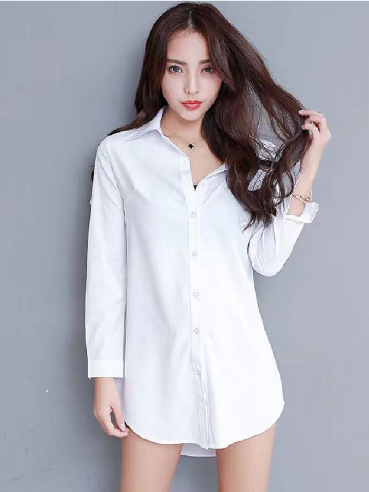 New 4XL 5XL Women Blouse Shirt Long Sleeve White Solid Loose Long Version Casual Tops