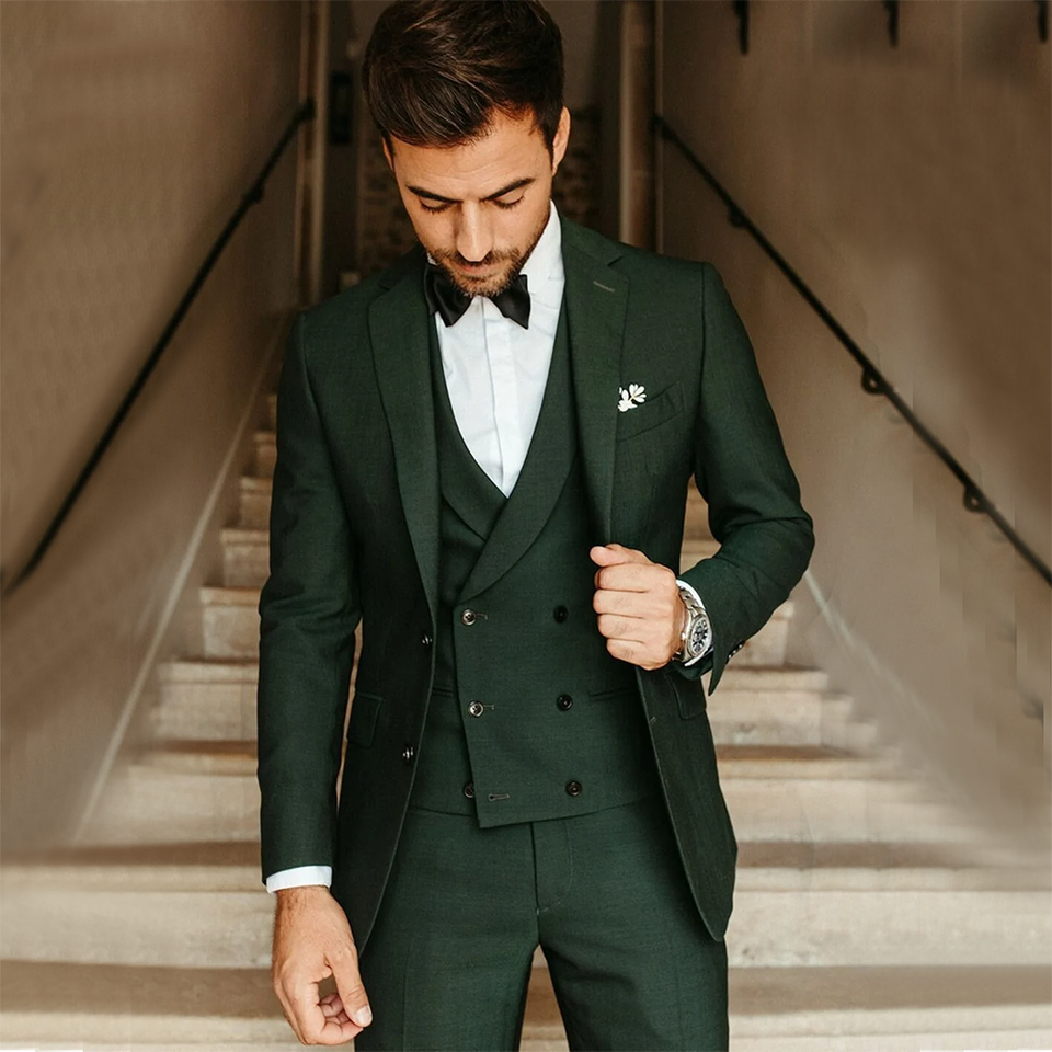 New Male Suit Army Green Groom Tuxedos Party Suit Slim Fit Business Casual Jacket Sets 3 Piece （Blazer + Vest + Pants）Costume Homme