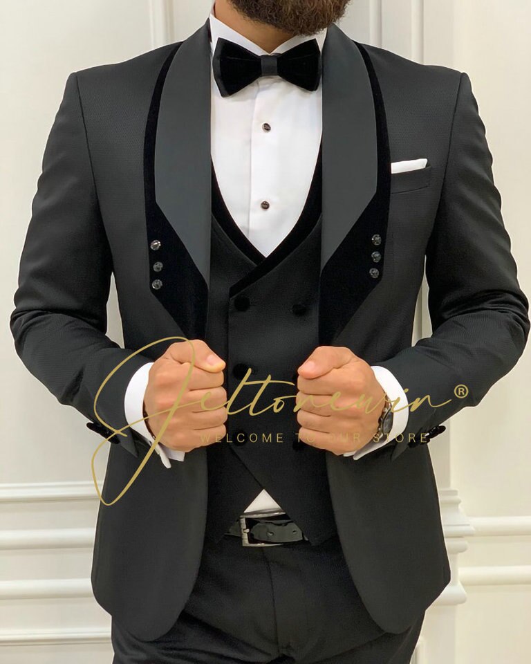 New Men Costume Homme Mariage Formal Fashion Black Slim Fit Suits For Men 3 Piece Groom Wedding Suit Tuxedo  Latest Coat Pant Design
