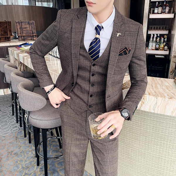 New Men Striped Plaid Solid Color Mens Formal Business Suit 3pce Set Groom Wedding Social Show Dress 7XL ( Blazer + Waistcoat + Pants )