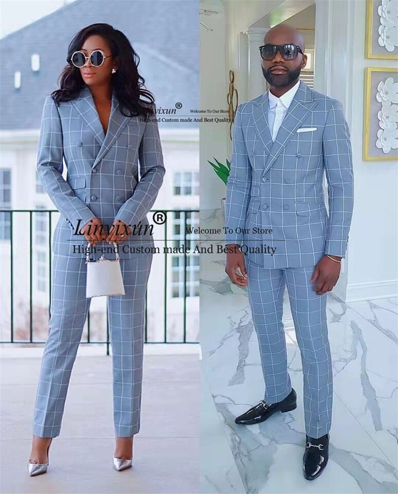 New Men Classic Plaid Mens Suit &Suit Women Slim Fit Peak Lapel Wedding Tuxedos Groomsmen Blazer 2 Pieces Sets (Jacket+Pants) Suit Women