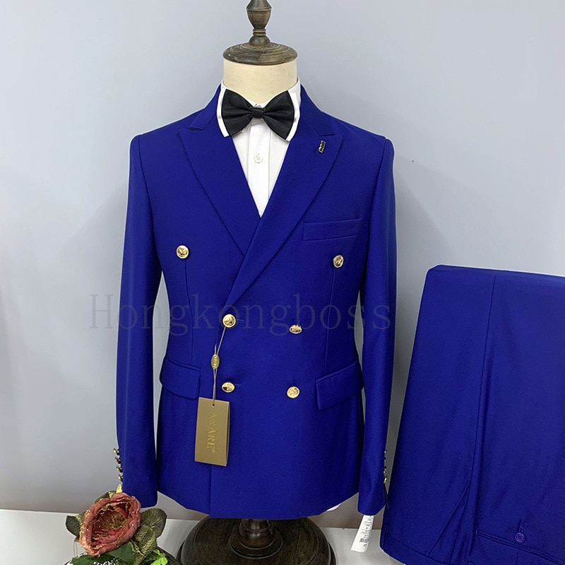 New Men Casual Boutique Business Slim Solid Color Double Breasted Formal Suit 2 Pcs Set Dress Blazers Jacket Pants Trousers