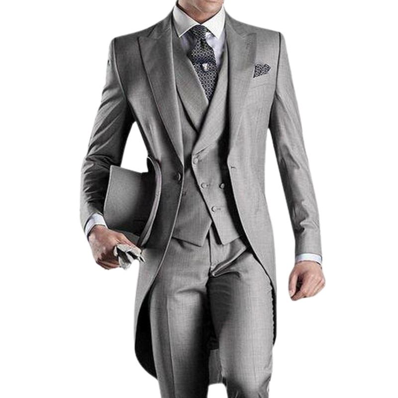 New Gray Wedding Men Tail Coat 3 Piece Groom Tuxedo for Formal Prom Male Suits Fashion Set Jacket with Pants Vest