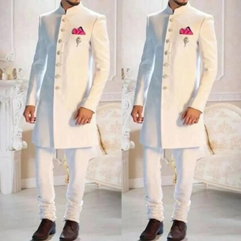 New Fashion Design White Stand Collar Single Breasted Ethnic Indian Tuxedo Groom Long Suits For Men Wedding Formal Slim Fit Wear 2Pc