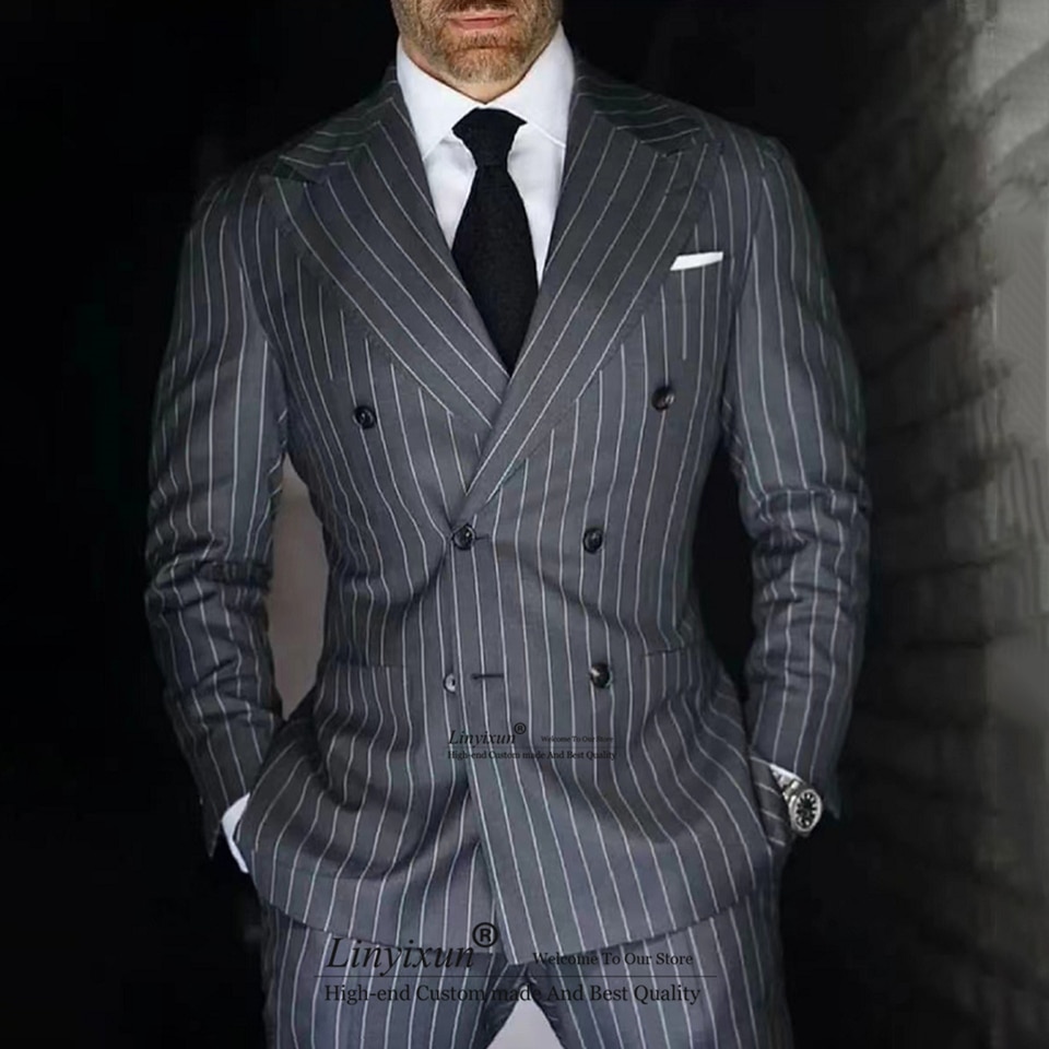 Men Classic Dark Gray Striped Suits
