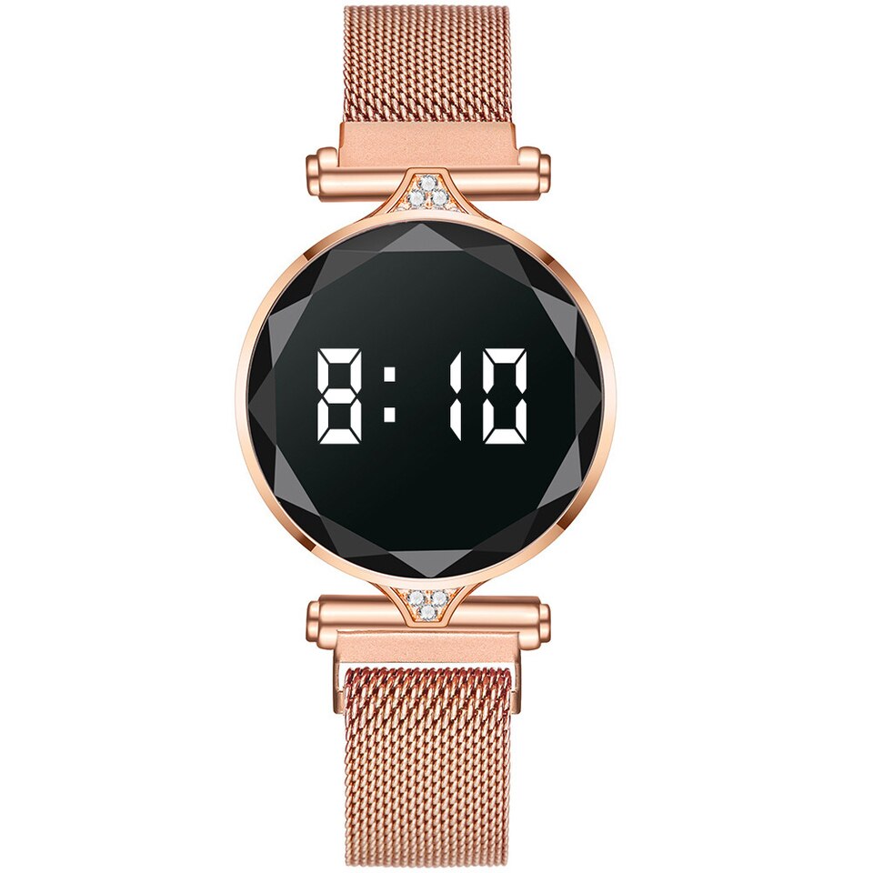 Luxury Digital Magnet Watches For Women Rose Gold Stainless Steel Dress LED Quartz Wristwatch Female Clock Relogio Feminino