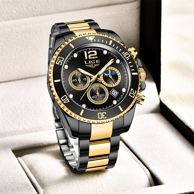 LIGE Watches Men Top Brand Luxury Clock Casual Stainless Steel 24 Hour Moon Phase Men Watch Sport Waterproof Quartz Chronograph