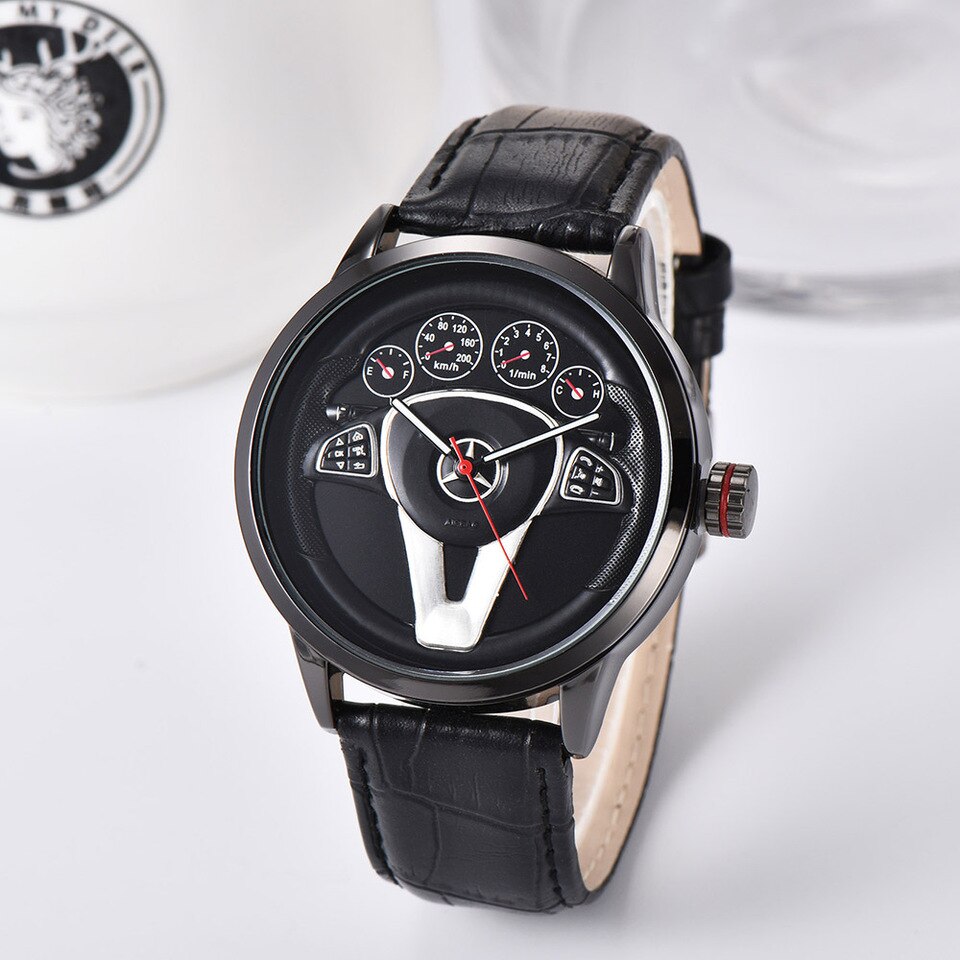 Casual Personality Classic precision Men Quartz watch Racing Free Stainless Casual Sports 3D Car Steering Wheel Clock