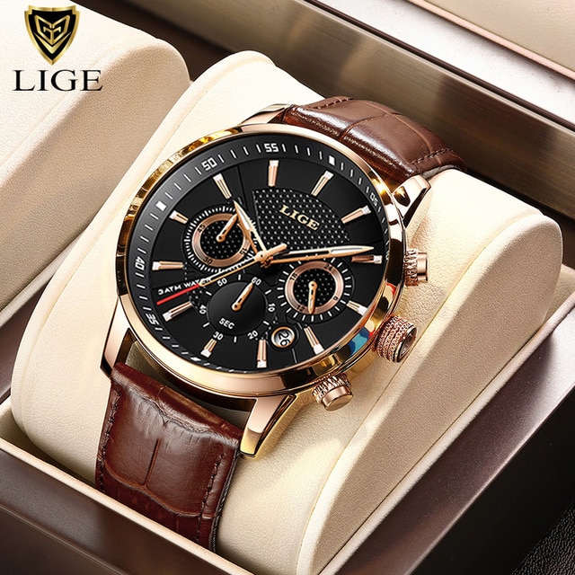 New Mens Watches LIGE Top Brand Luxury Leather Casual Quartz Watch Men Sport Waterproof Clock Watch Relogio Masculino+Box