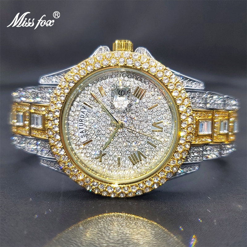 Relogio Masculino Luxury MISSFOX Ice Out Diamond Watch Multifunction Day Date Adjust Calendar Quartz Watches For Men