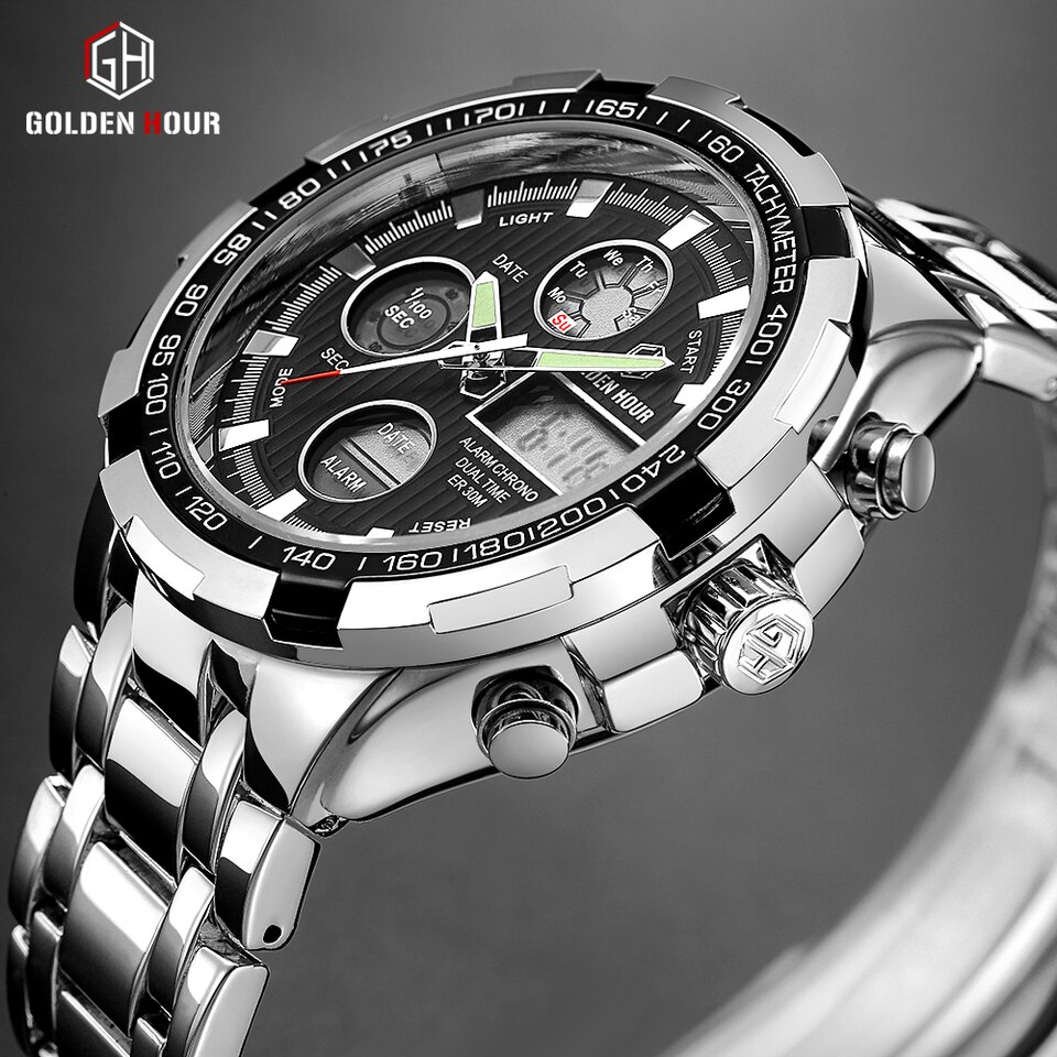 Luxury Brand Waterproof Military Sport Watches Men Silver Steel Digital Quartz Analog Watch Clock Relogios Masculinos