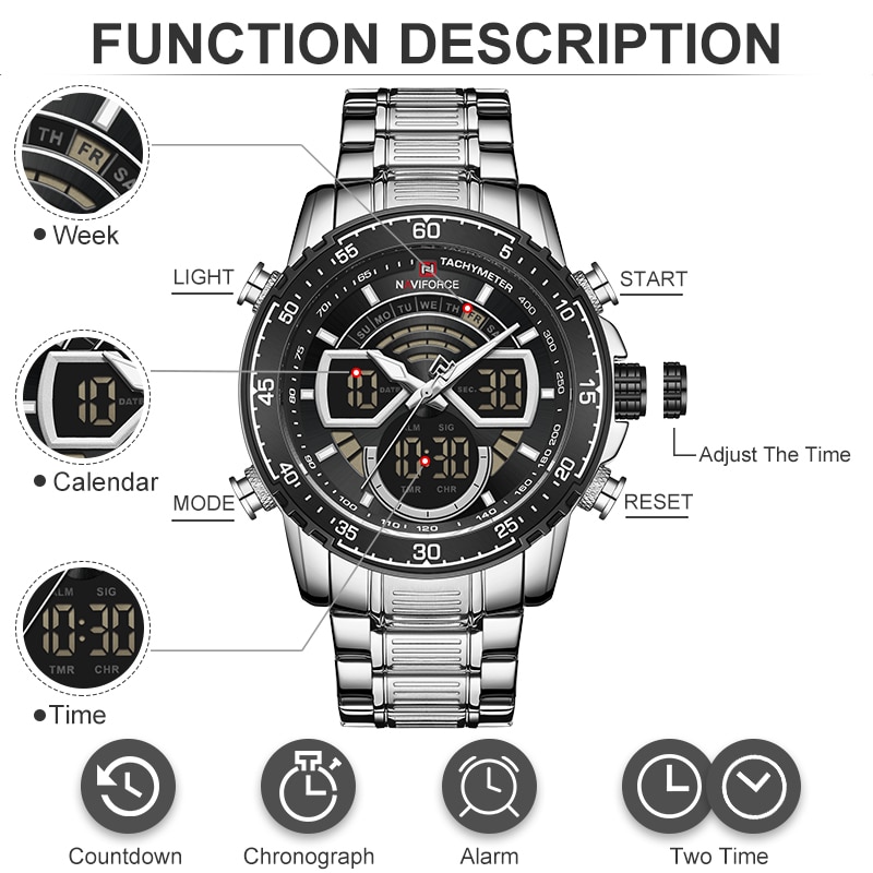 Men Watches Luxury Original Quartz Digital Analog Sport Wrist Watch for Men Waterproof Stainless Steel Clock