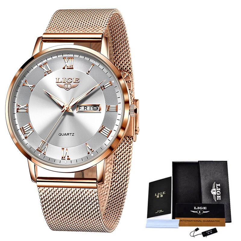 New LIGE Women Ultra Thin Watch Top Brand Luxury Watches Fashion Ladies Clock Stainless Steel Waterproof Calendar Wristwatch